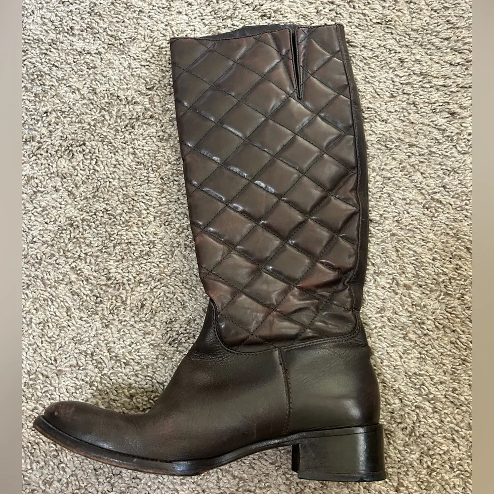 Tory Burch Quilted Pattern Leather Riding Boots Women's Size 6.5 Brown Tall Fall